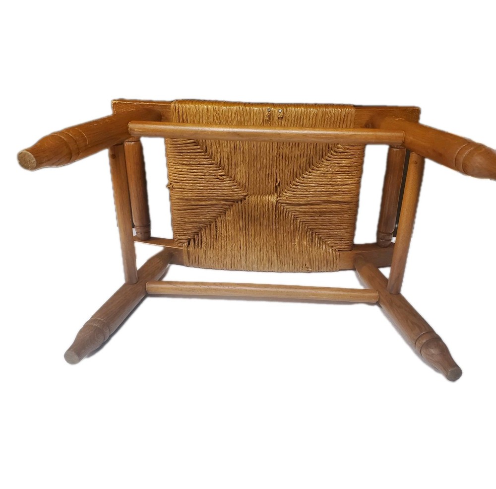 Mid Century Solid Wood Woven Rush Footstool