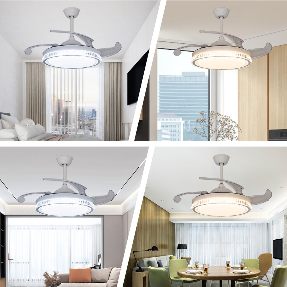 42" Modern 3Color Light Ceiling Light w/Fan Remote Control Retractable Blades
