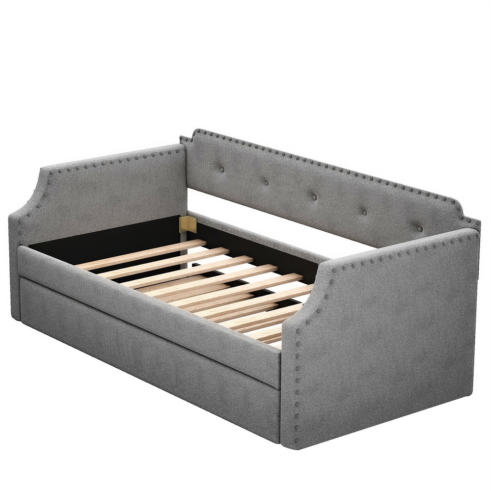Twin Size Daybed w/ Pull-Out Trundle Bed Upholstered Bed Frame Sofa Bed US