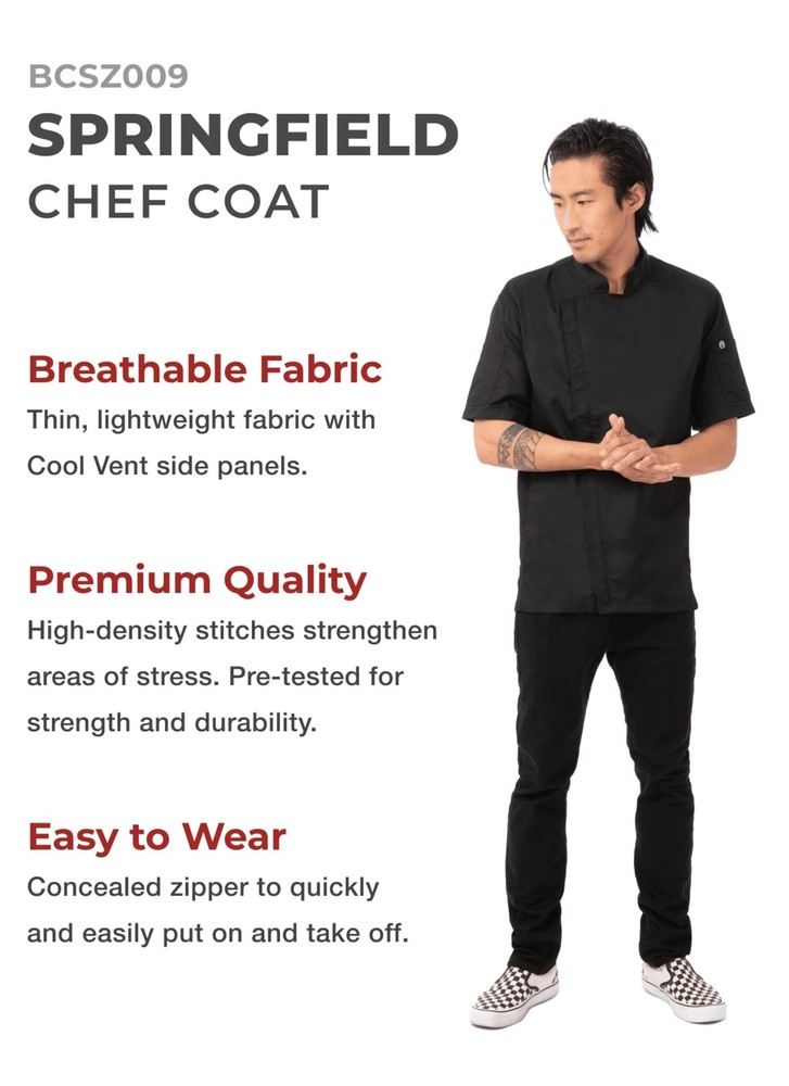 Chef Works Men's Springfield Chef Coat Medium Black