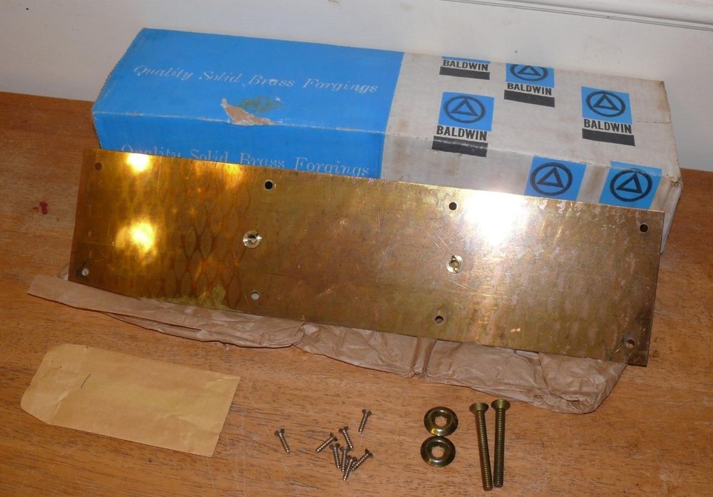 Vintage New open box Baldwin Brass 4" x 16" Solid Brass Pull Plate with hardware