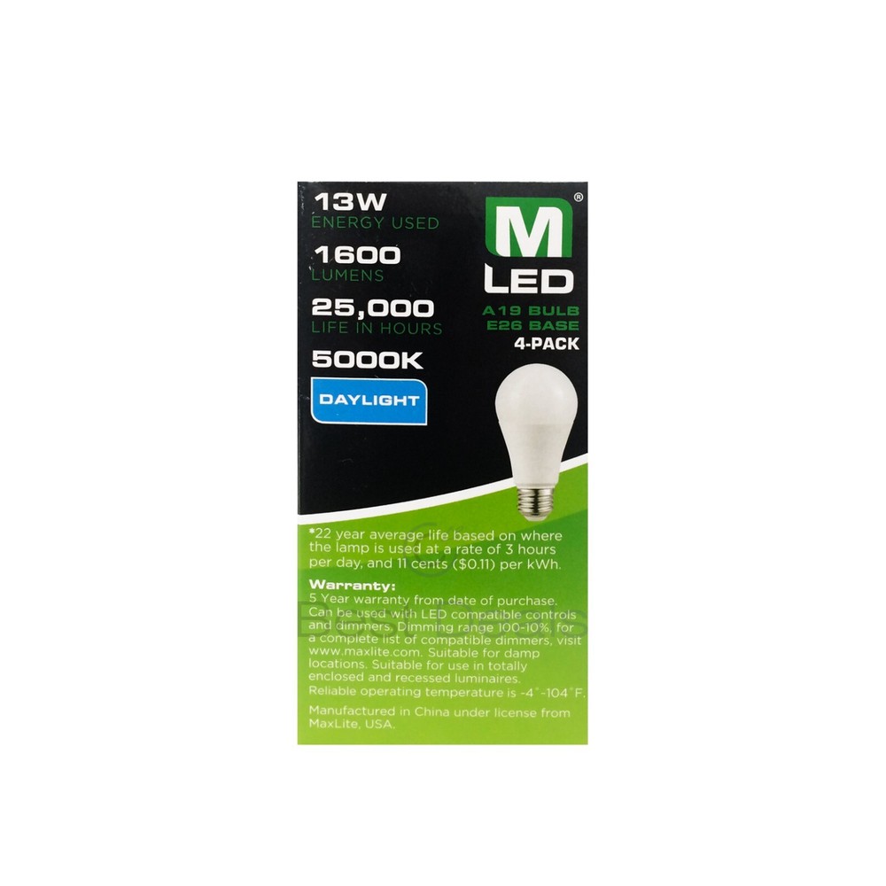 96 PACK Maxlite Dimmable LED 13W Daylight Light Bulb A19 100W replacement 5000K