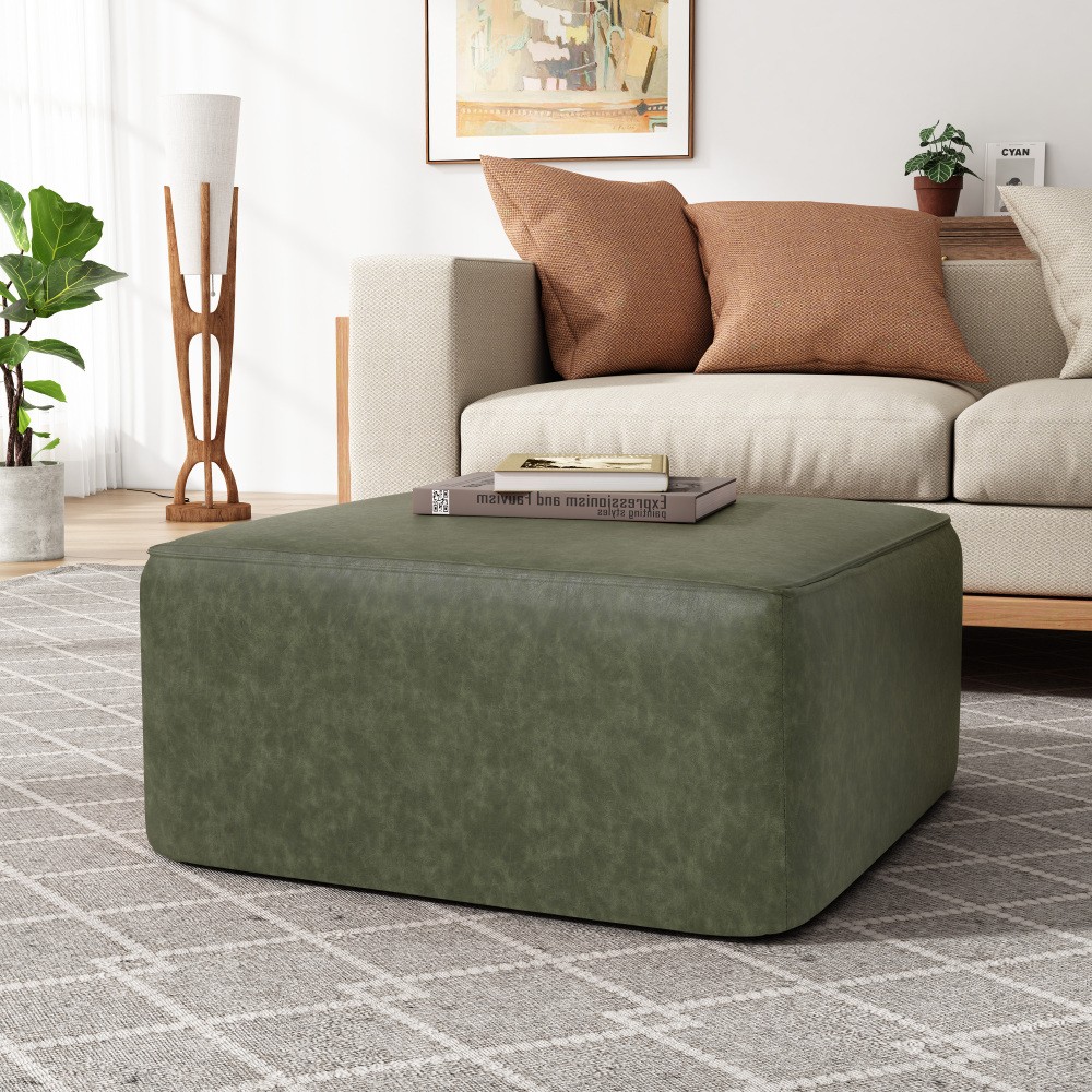 Upholstered Square PU Leather Ottoman,Black