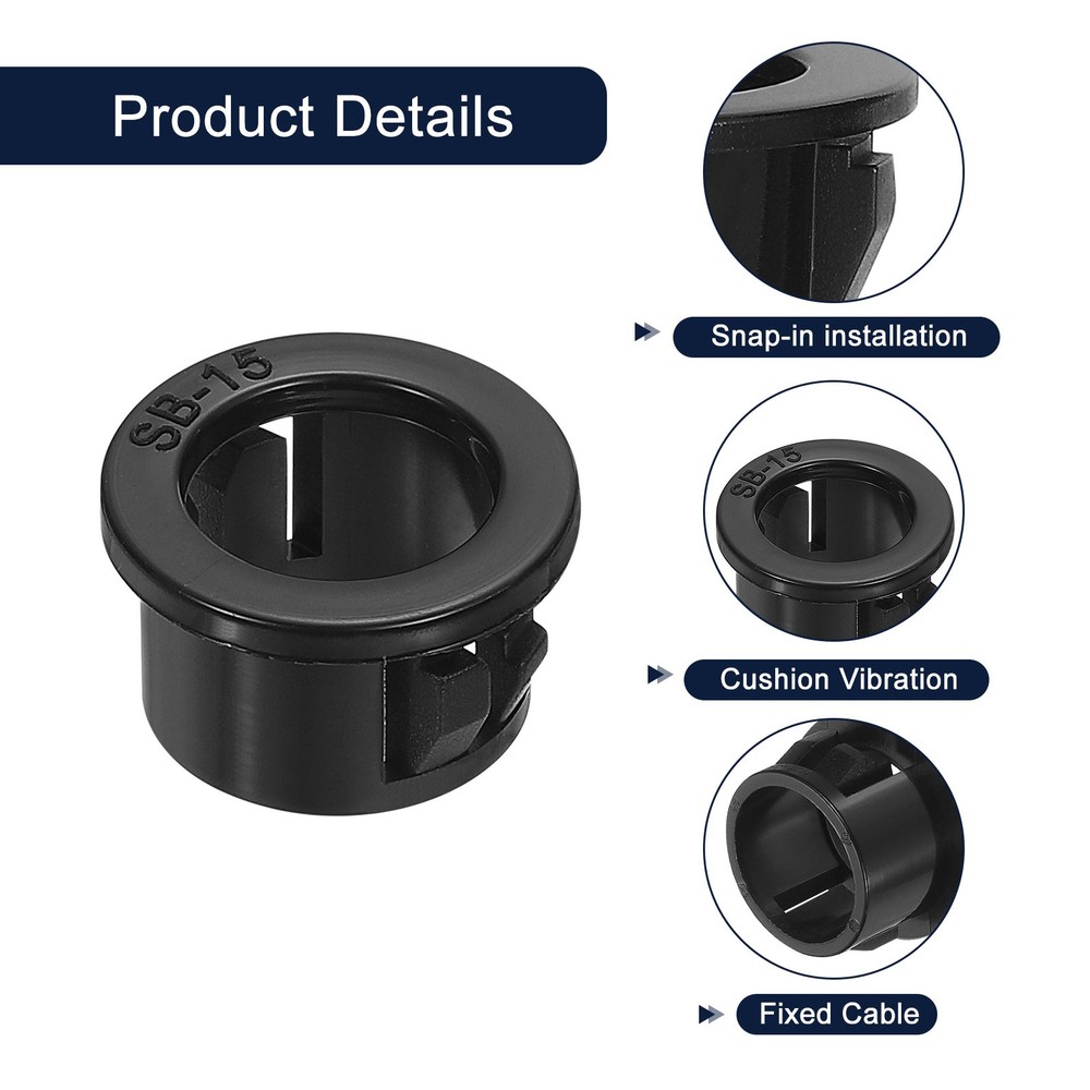 50Pcs 15mm Cable Snap Bushing Grommet Protector, Round Bushing Grommet, Black