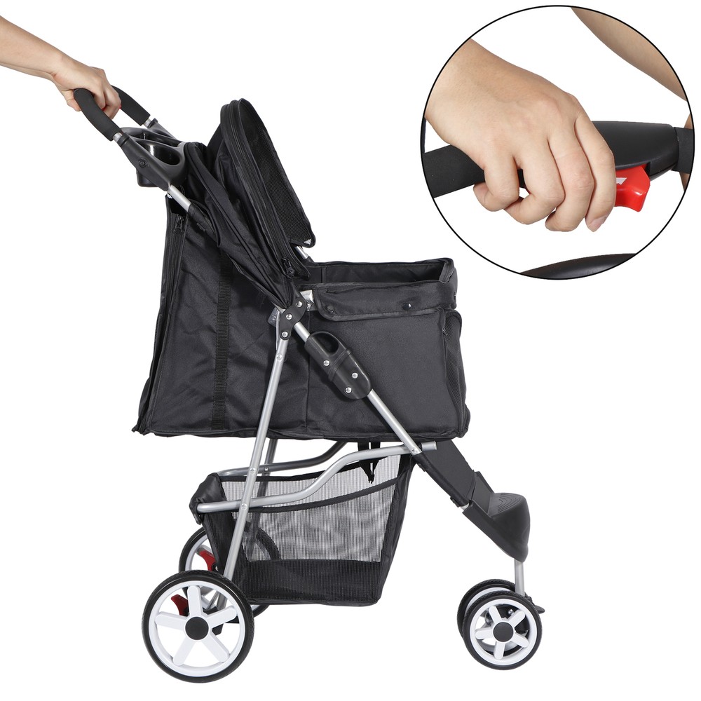 Dog Stroller 3 Wheels Foldable Pet Stroller w/Storage Basket & Cup Holder Black