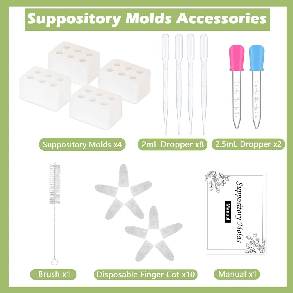 Reusable Suppository Molds Kit, 2ML | 4 Suppository Mold Trays + 10 Droppers | E