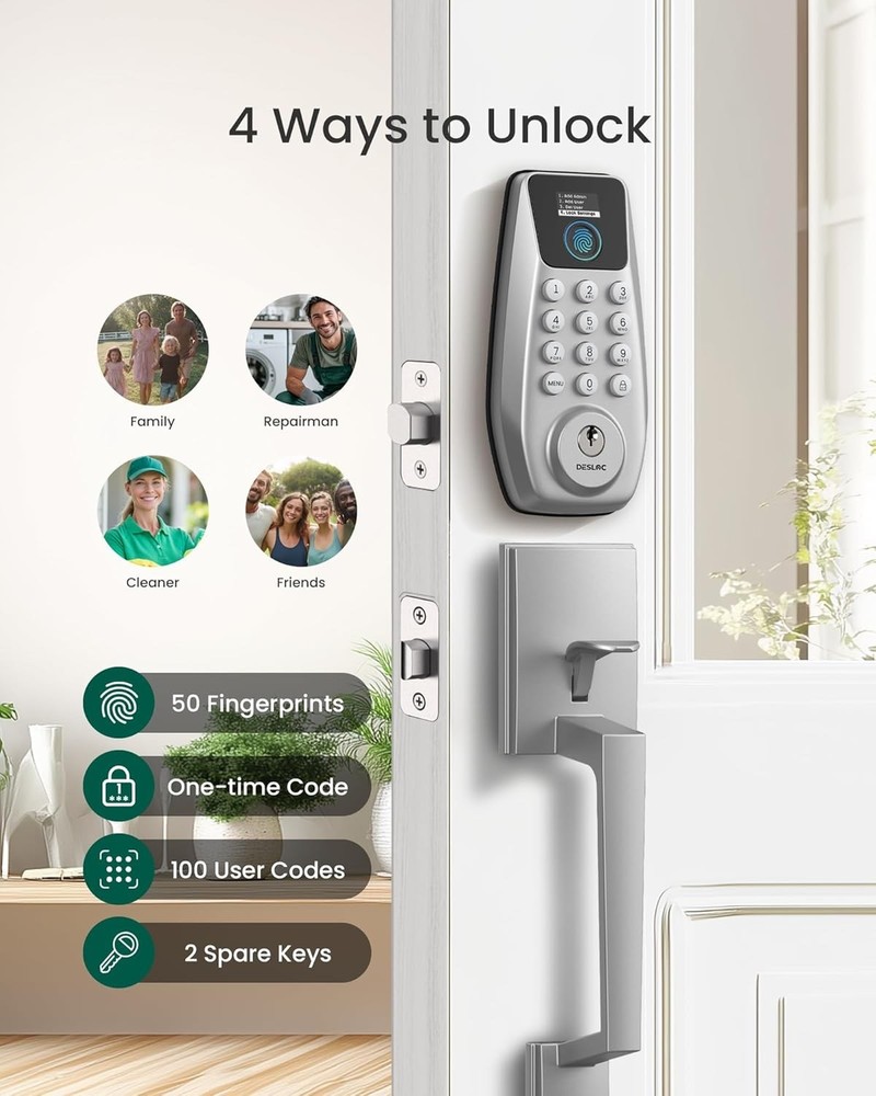 (Silver) DESLOC C110 Fingerprint Smart Screen Lock w/ & Handle, Keyless Deadbolt