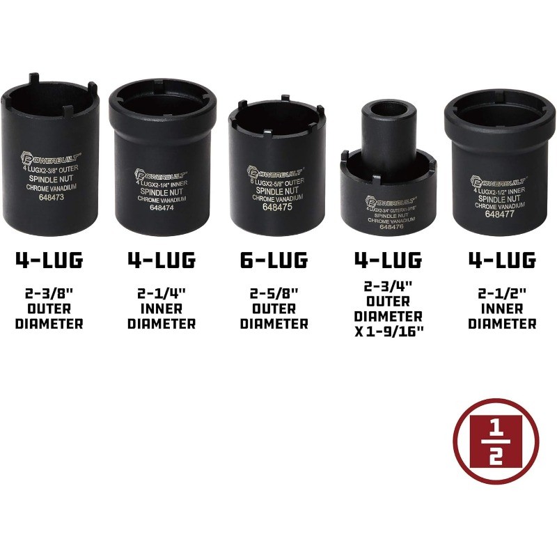 Spindle Nut Socket Tool Kit, 5 Piece, Remove Spindle Nuts Various Size Lug