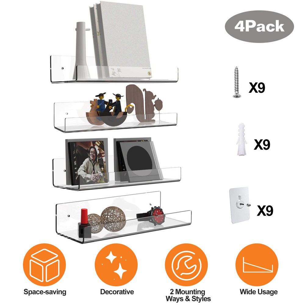 4 Pack 15 Inch Acrylic Invisible Floating Wall Ledge Floating Display Shelves