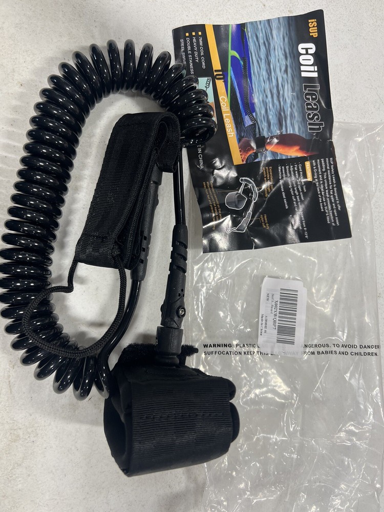 SUP Leash 10' Coiled Stand Up Paddle Board, Surfboard Leash, Black-FREE SHIP