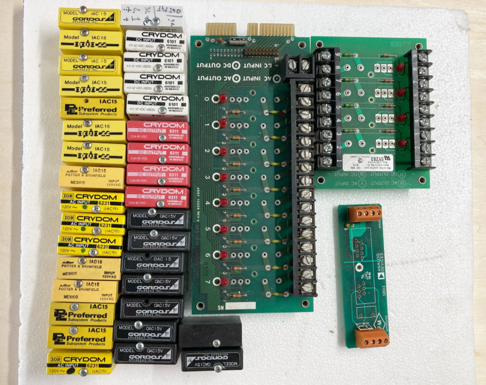 Crydom, Gordos, Opto22, etc, AC DC input output modules, mounting boards