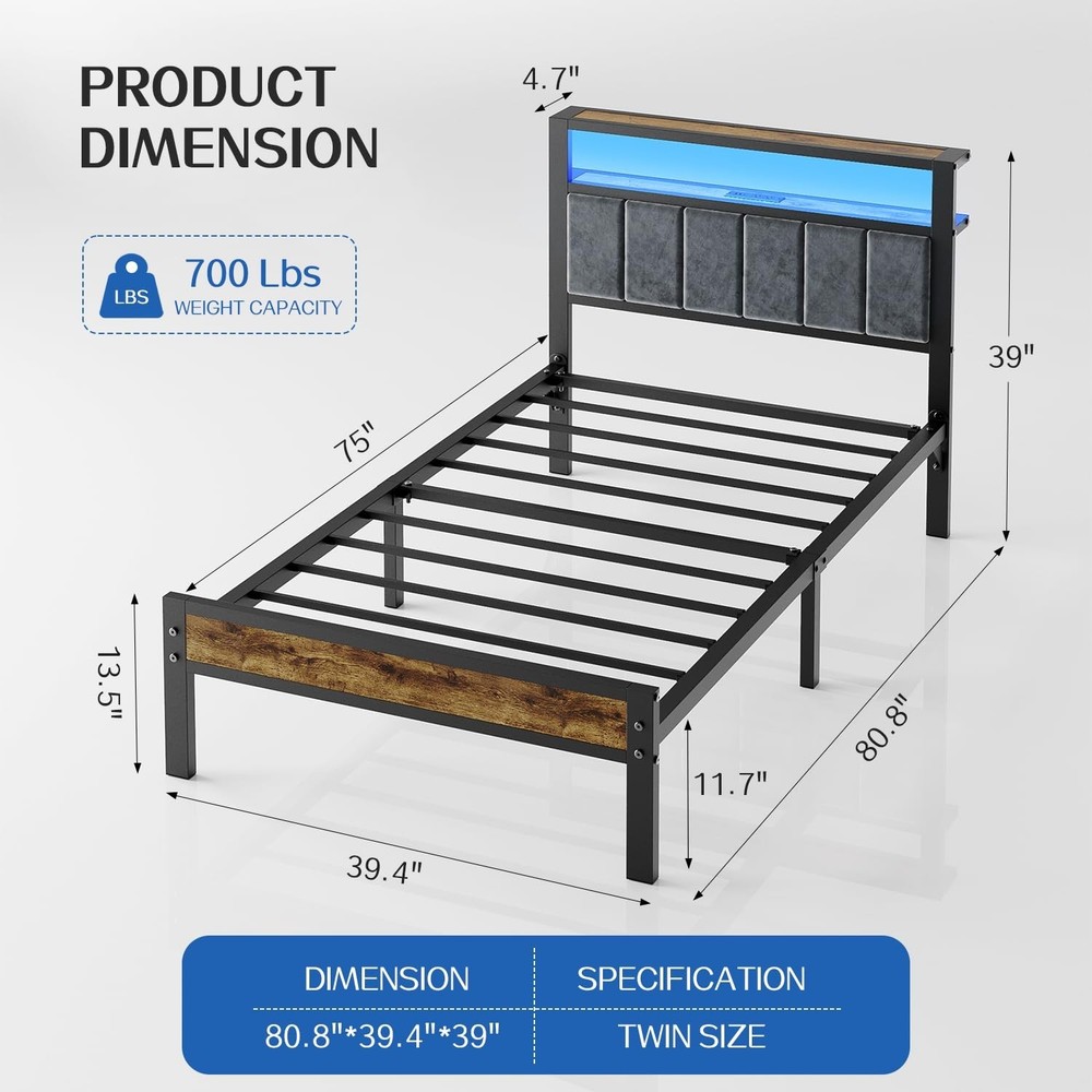 Liians Twin Size Platform Bed Frame with LED Lights, Grey Upholstered Headboa...