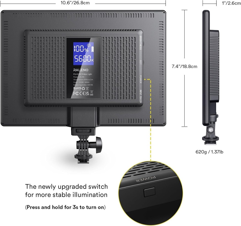 19.5W LED Video Soft Light Panel, 650Lux/M 13" Camera Panel Light Built-In 8000M