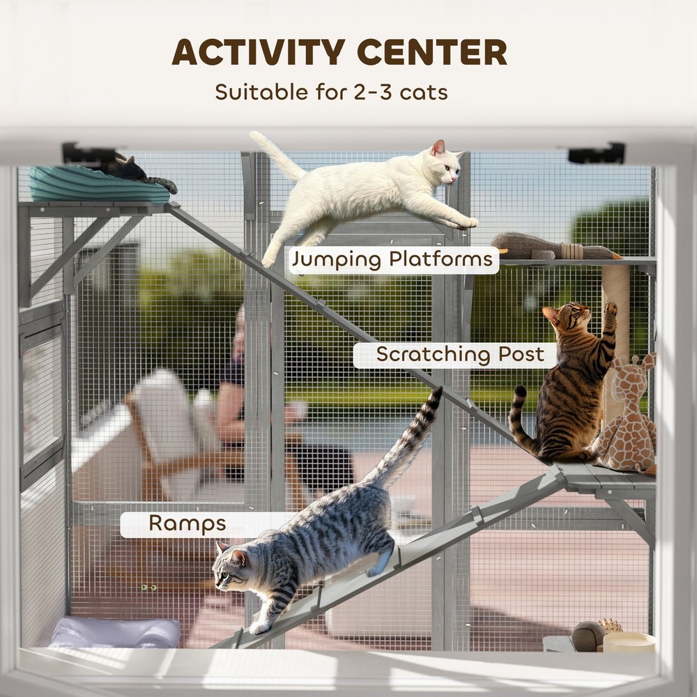 Outdoor Catio Cat Enclosure w/ Platforms, Scratching Post, Gray