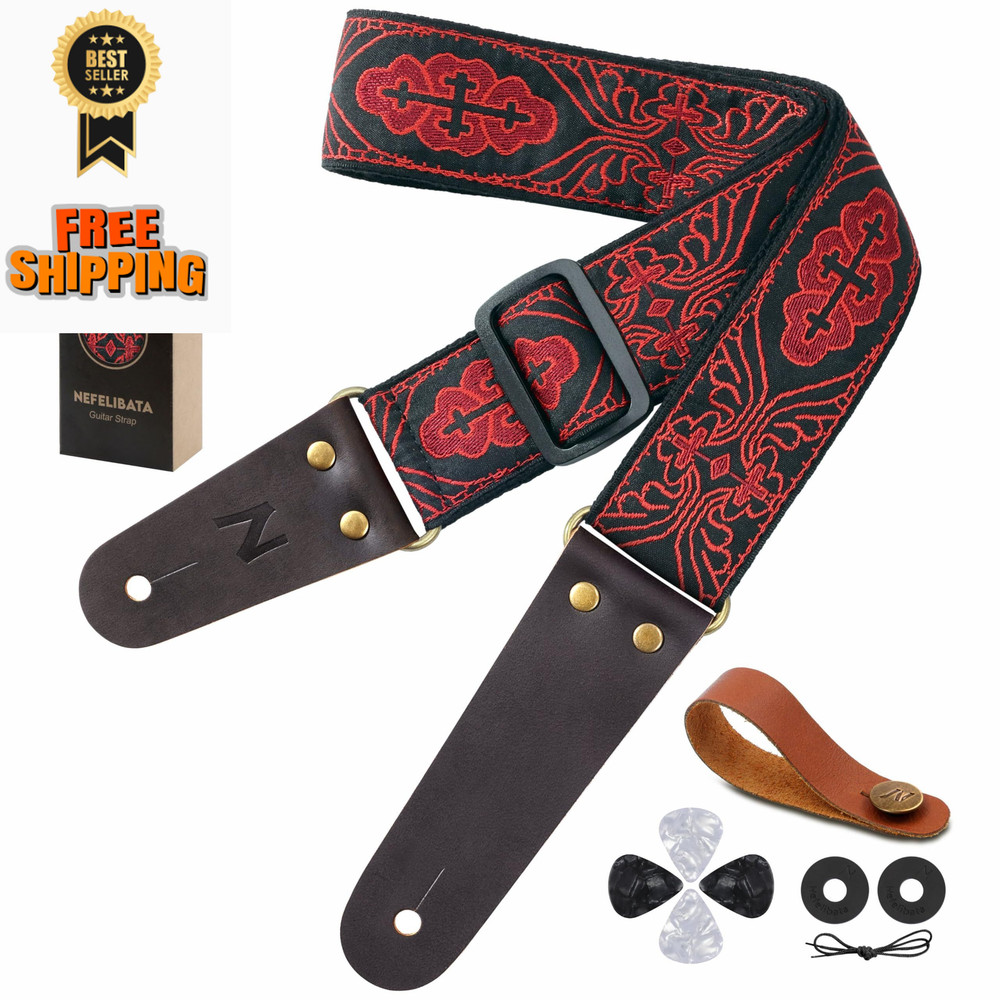 Nefelibata Guitar Strap, Red Adjustable from 38" to 64", Mystery Pattern