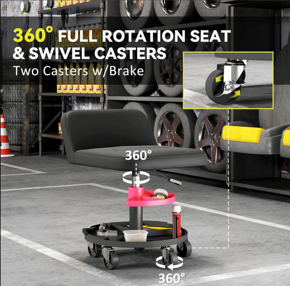HOMCOM Rolling Mechanic Stool, 300 LBS. Capacity Garage Stool, Black