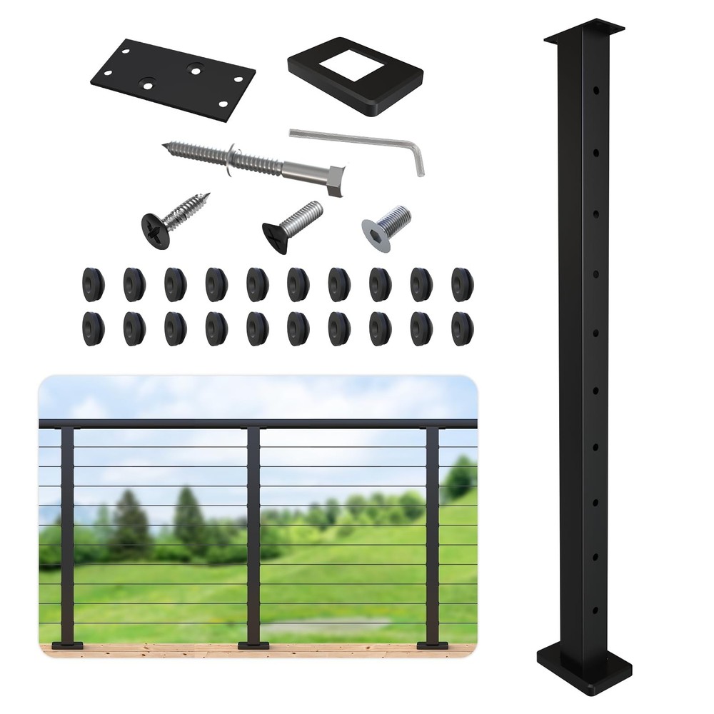 36" Stainless Steel Cable Railing Post with Flat Bracket, Surface Mount Metal Po