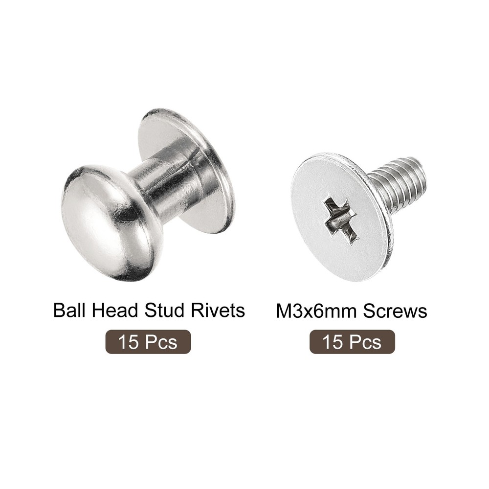 8mm Ball Head Stud Rivets Screw Back, 15Pack Round Head Button, Silver Tone