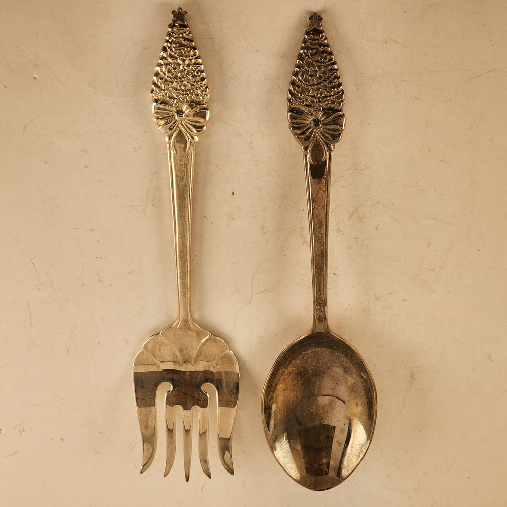 Christmas Tree Salad Serving Set Silver Plated Fork & Spoon Bow Handles Vintage
