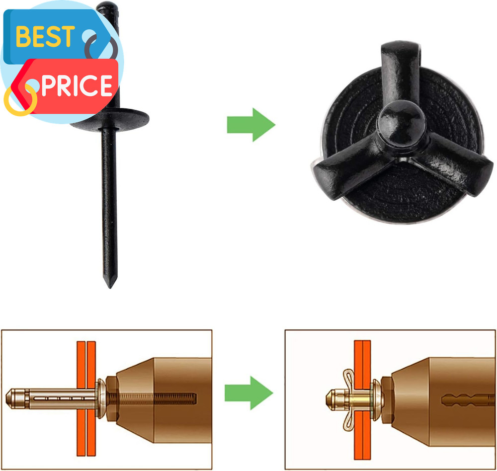 50Pcs 3/16" X 4/5" Large Head Tri-Fold Exploding Aluminum Pop Rivets (Black)