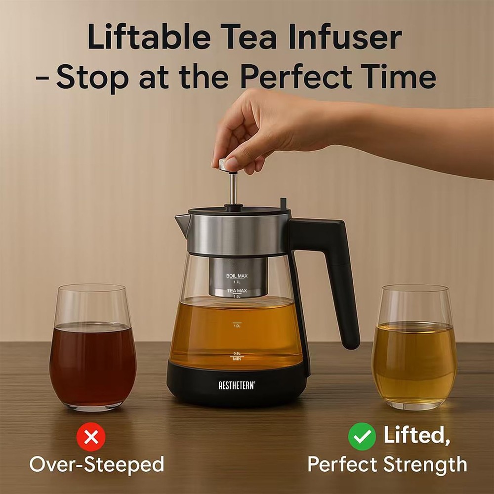 Electric Tea Kettle with Infuser 1.7L Glass Temperature Control Automatic Shut