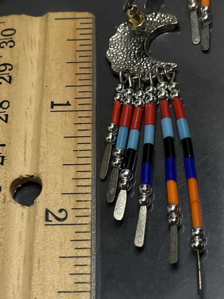 Native American Earrings Chandelier Moon Shape Multicolor Beaded Silver Tone