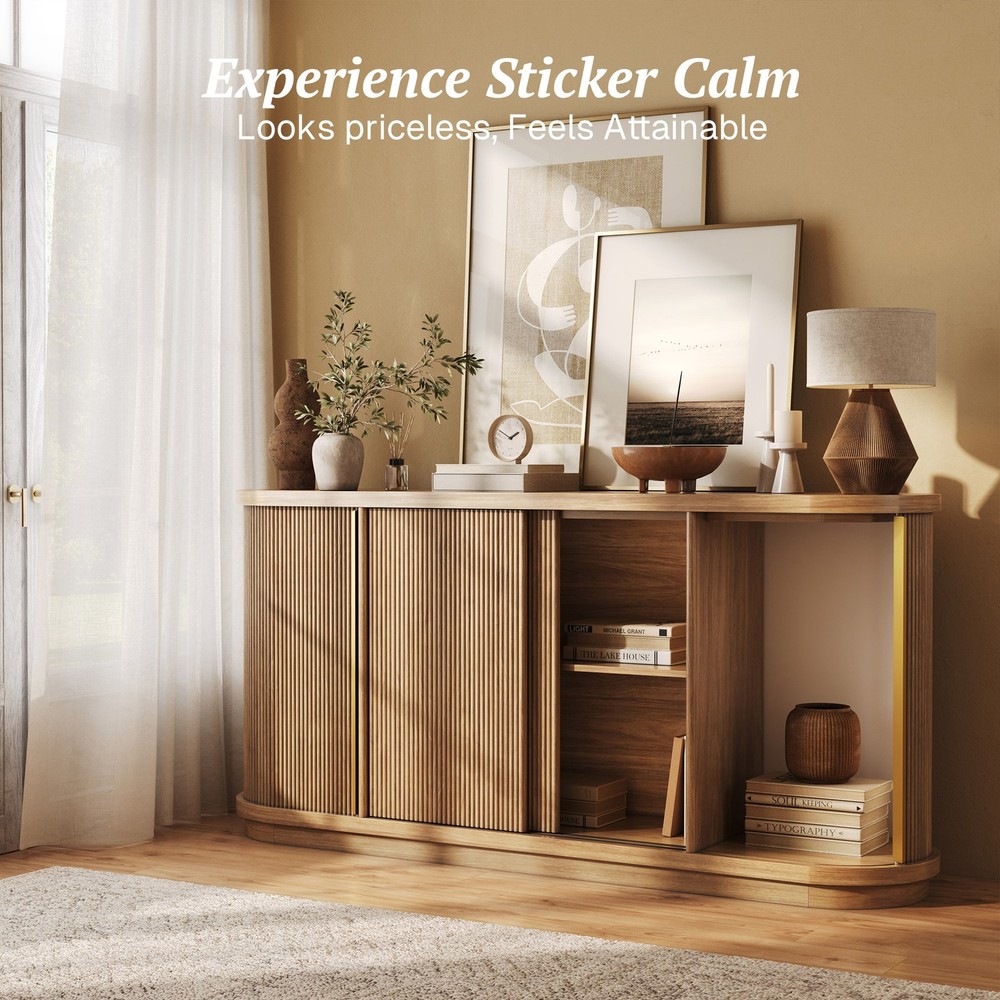 67" Modern Curved Sideboard with Sliding Tambour Doors (Camel)
