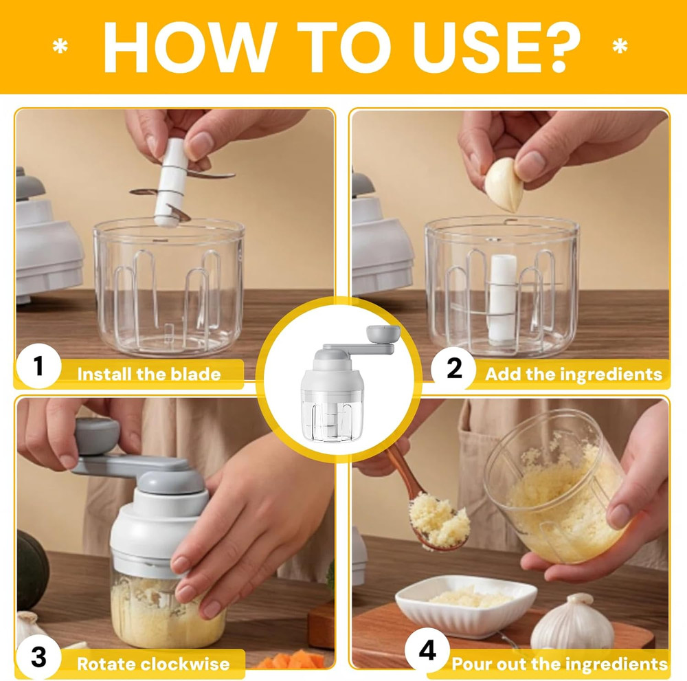 Multi-Functional Manual Food Processor Vegetable Chopper, Hand-Powered Handle On