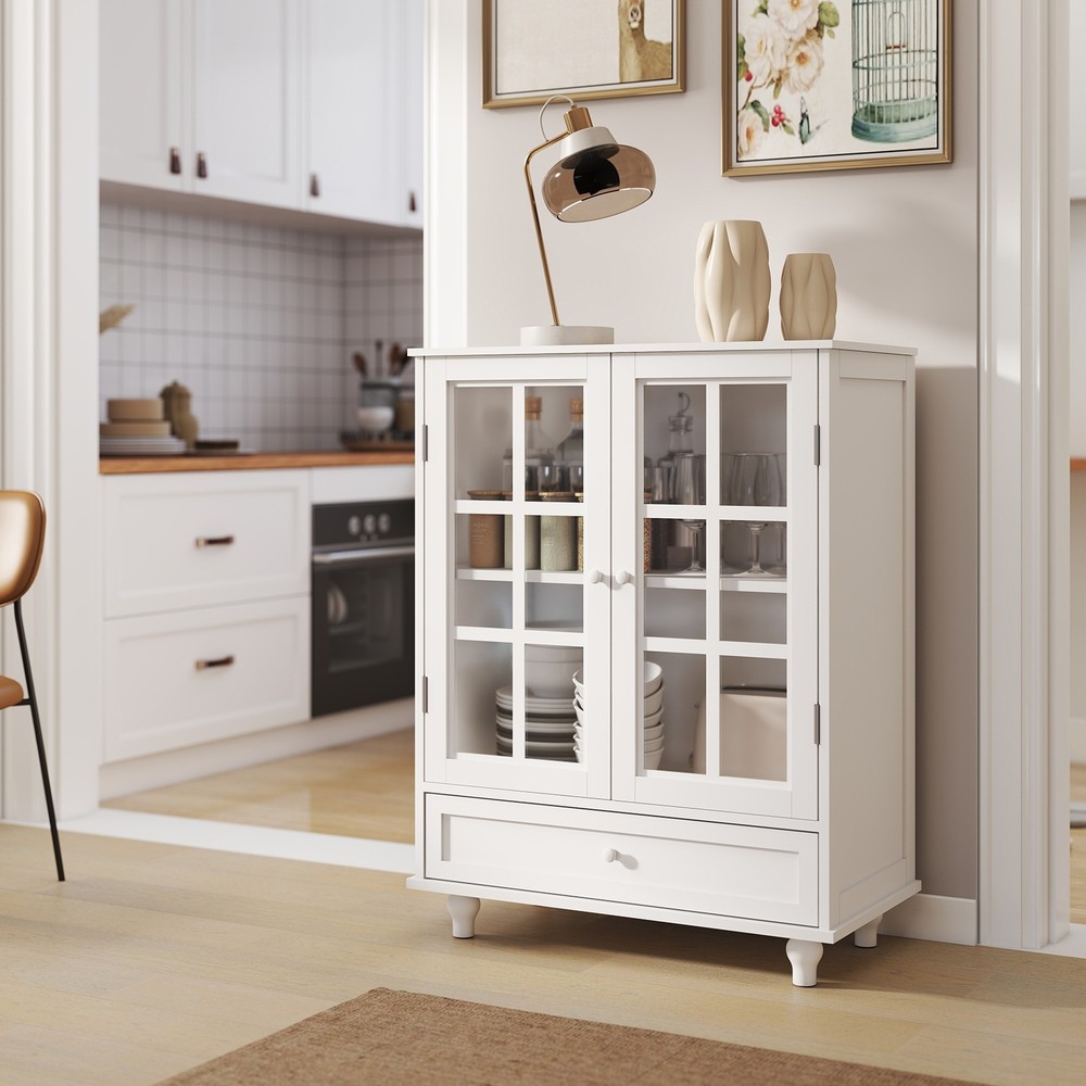 Minimalist White Buffet Cabinet with Double Glass Doors and Drawer