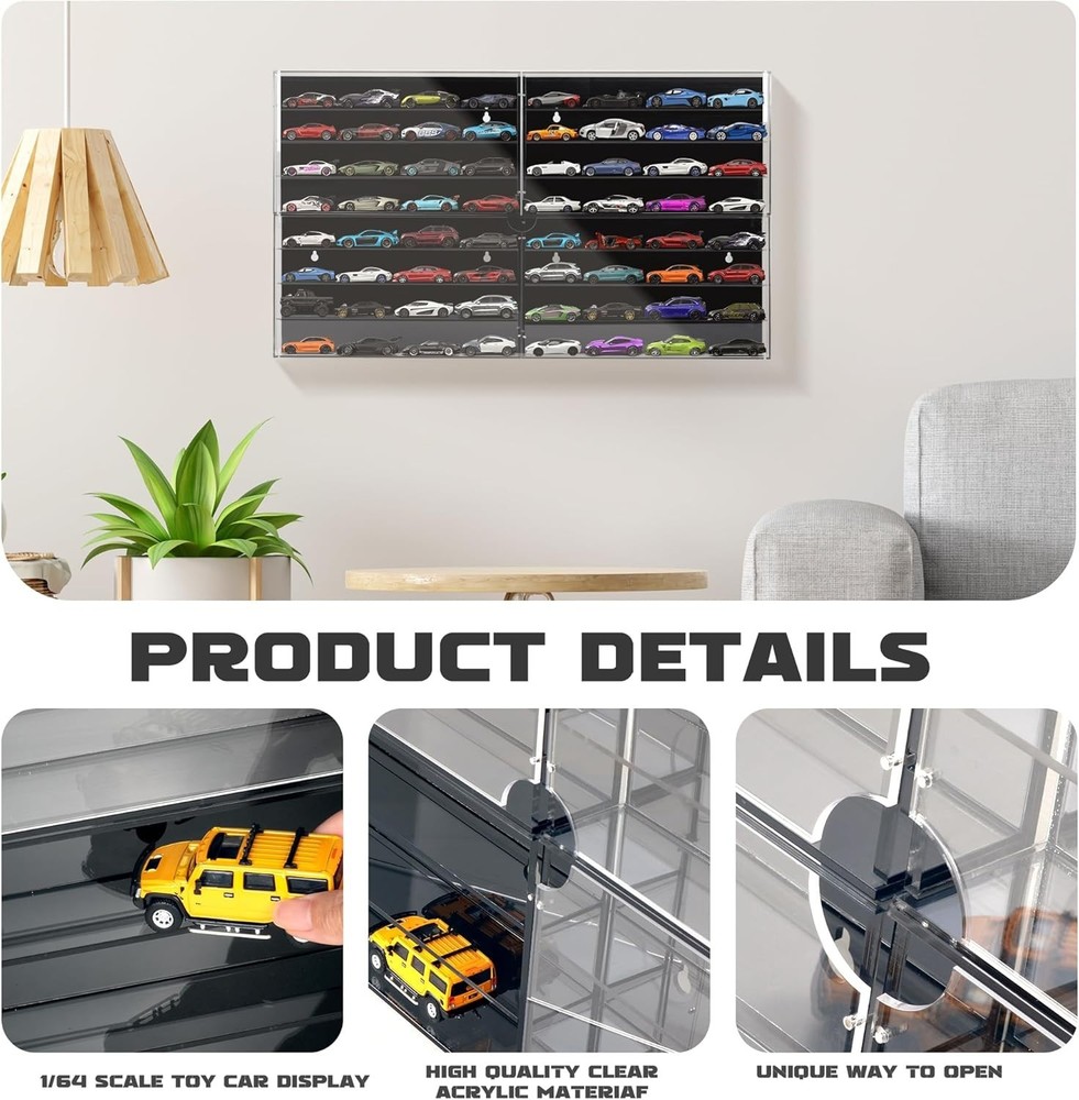 1/64 Scale Diecast Car Display Case Wall Mount Lockable Black