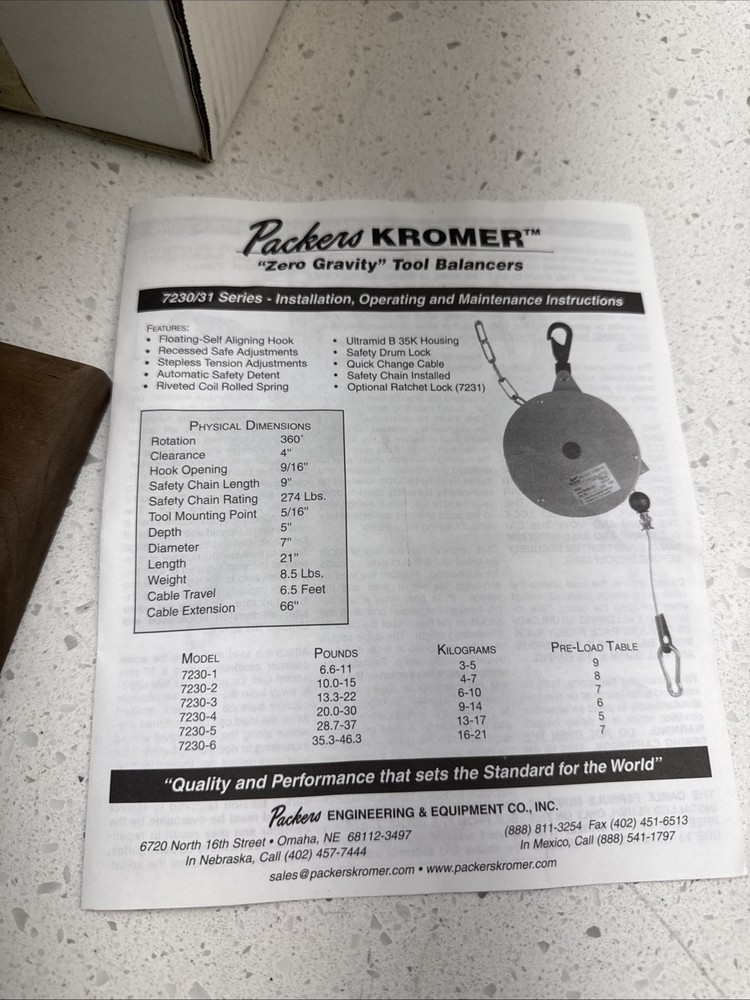 Packers KROMER 7230-04 Zero Gravity Tool Balancer, New!