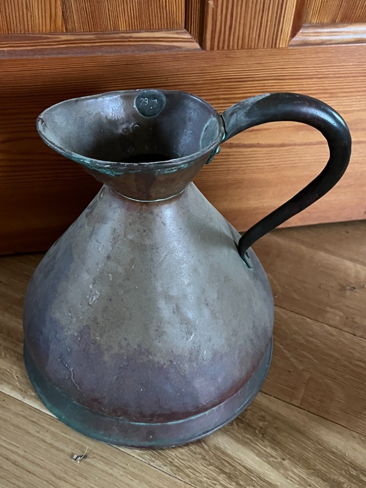 Antique Large Solid Copper Metal Primitive Pitcher w Numbers indicating size –