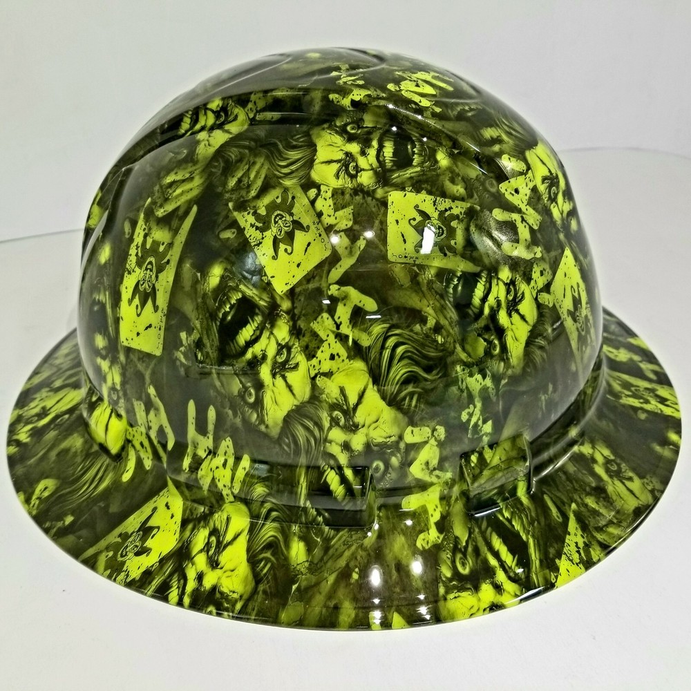 FULL BRIM Hard Hat custom hydro dipped , LIME COLOR JOKER DECK STACKED