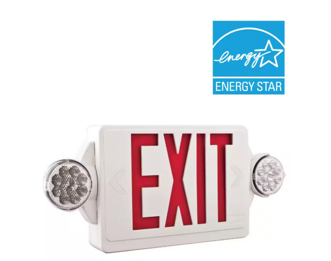 Lithonia Lighting LHQM LED Red Exit Sign With Emergency Lights, White, 2 Faces