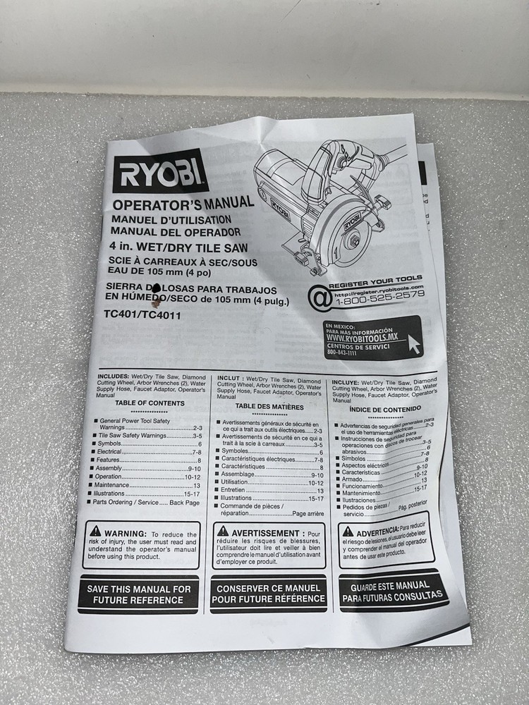 RYOBI "4" HAND HELD TILE SAW (Missing Parts)