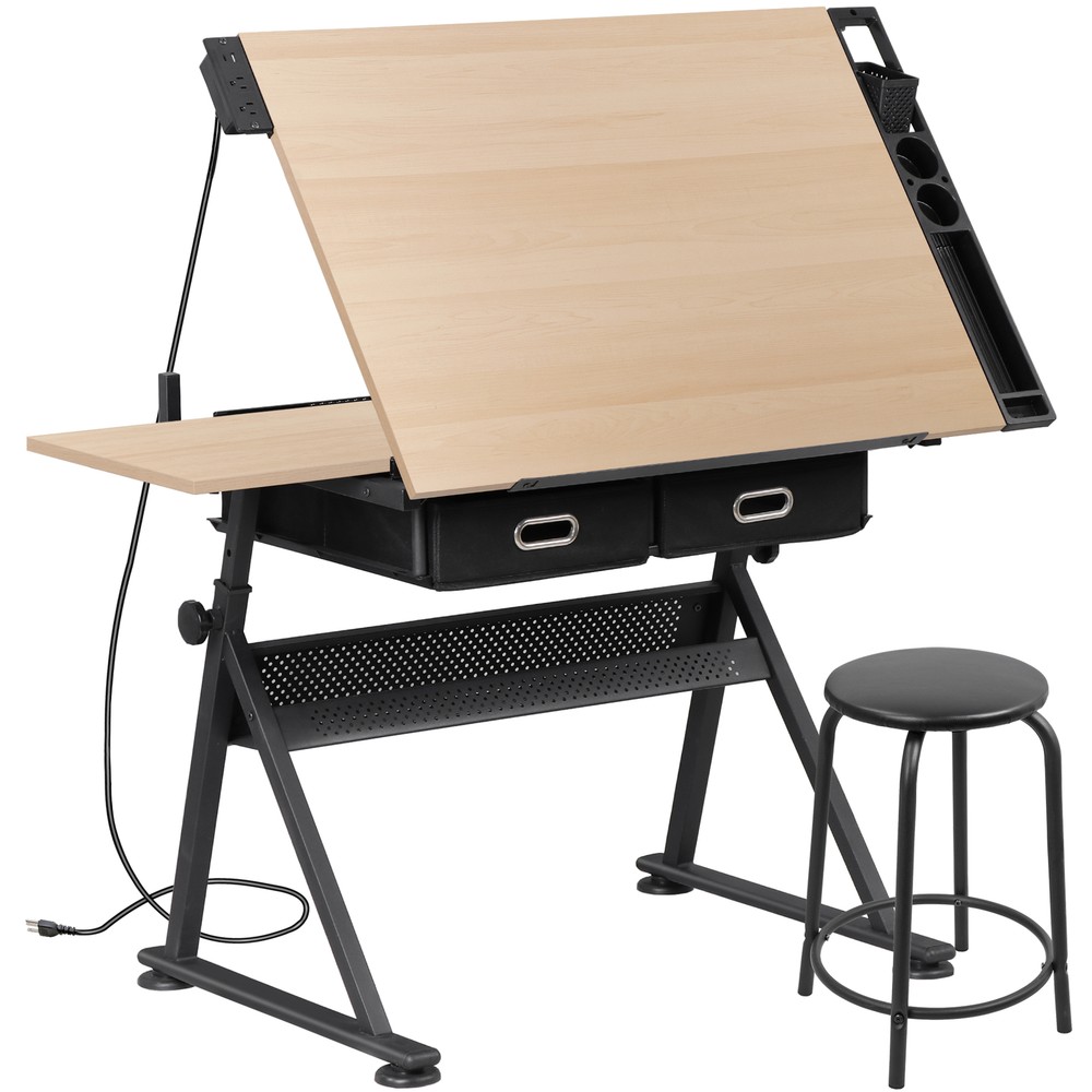 Drafting Table and Stool Set with Outlet Adjustable Artist Drawing Table Natural