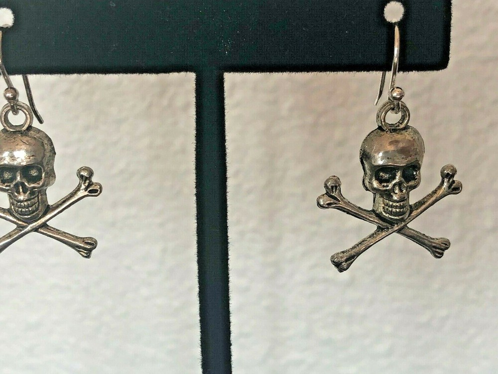 Skeleton skull bone pierced ear drop silver - tone silver plated post earrings