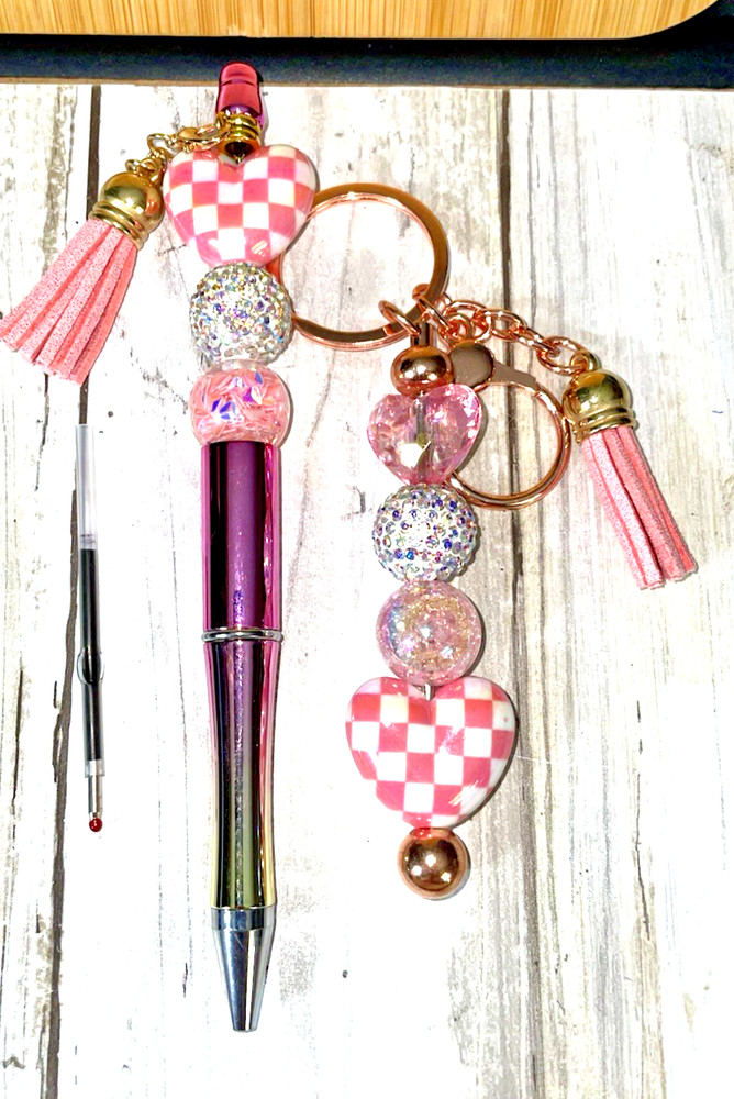 HAND MADE BEAD PEN & BEAD KEY CHAIN - & INK REFILL- heart