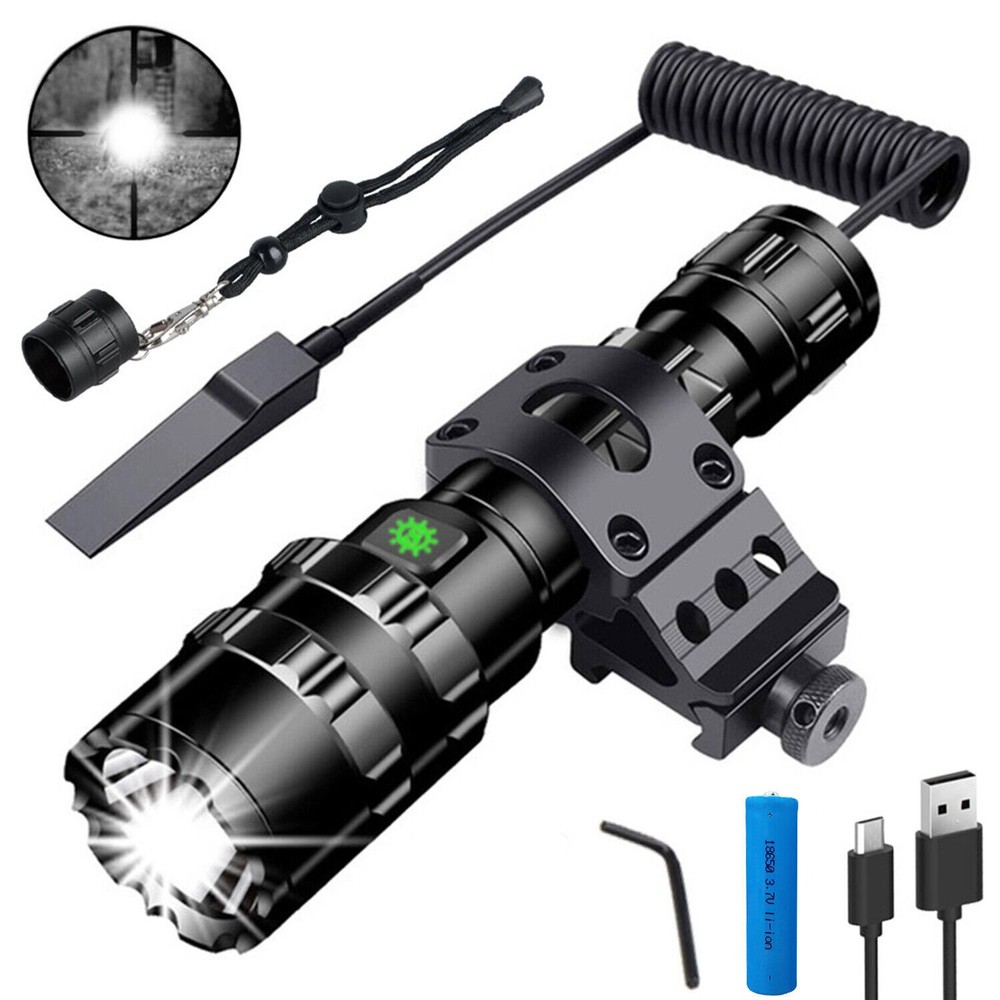 Rechargeable Tactical Flashlight Picatinny Rail Mount 3Modes Zoomable Flashlight