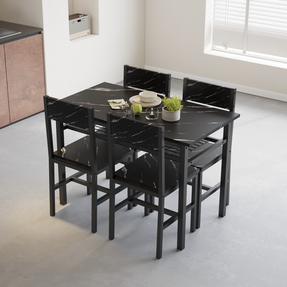 5pcs Dining Set MDF Board Dining Chairs Metal Frame & 2 Tiers Dining Table Black