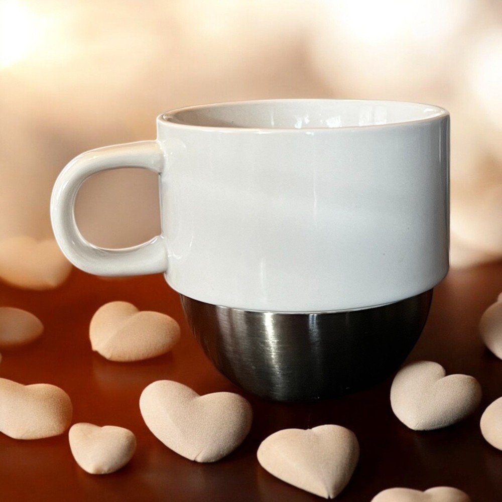 Starbucks 2007 White Ceramic 8oz Coffee Mug with Metal Base Bottom