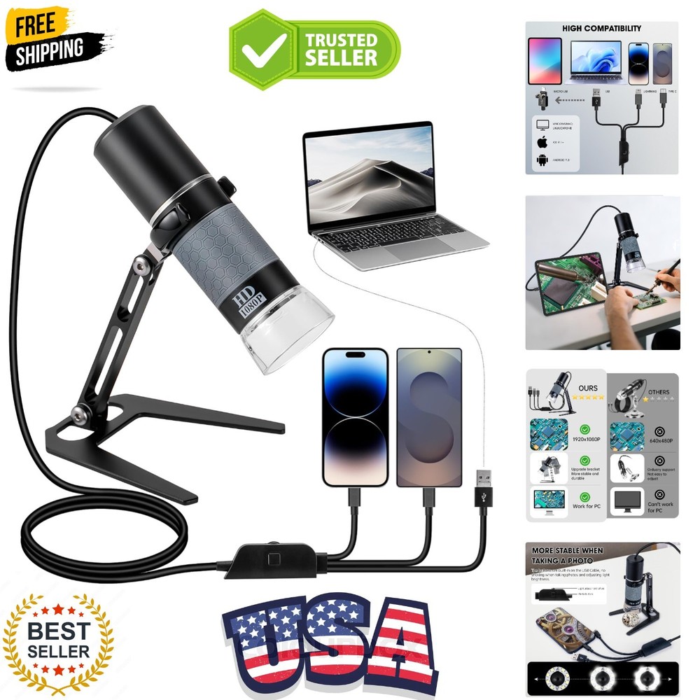 1080P USB Microscope with Metal Stand, 50X-1000X Handheld Digital Microscope ...