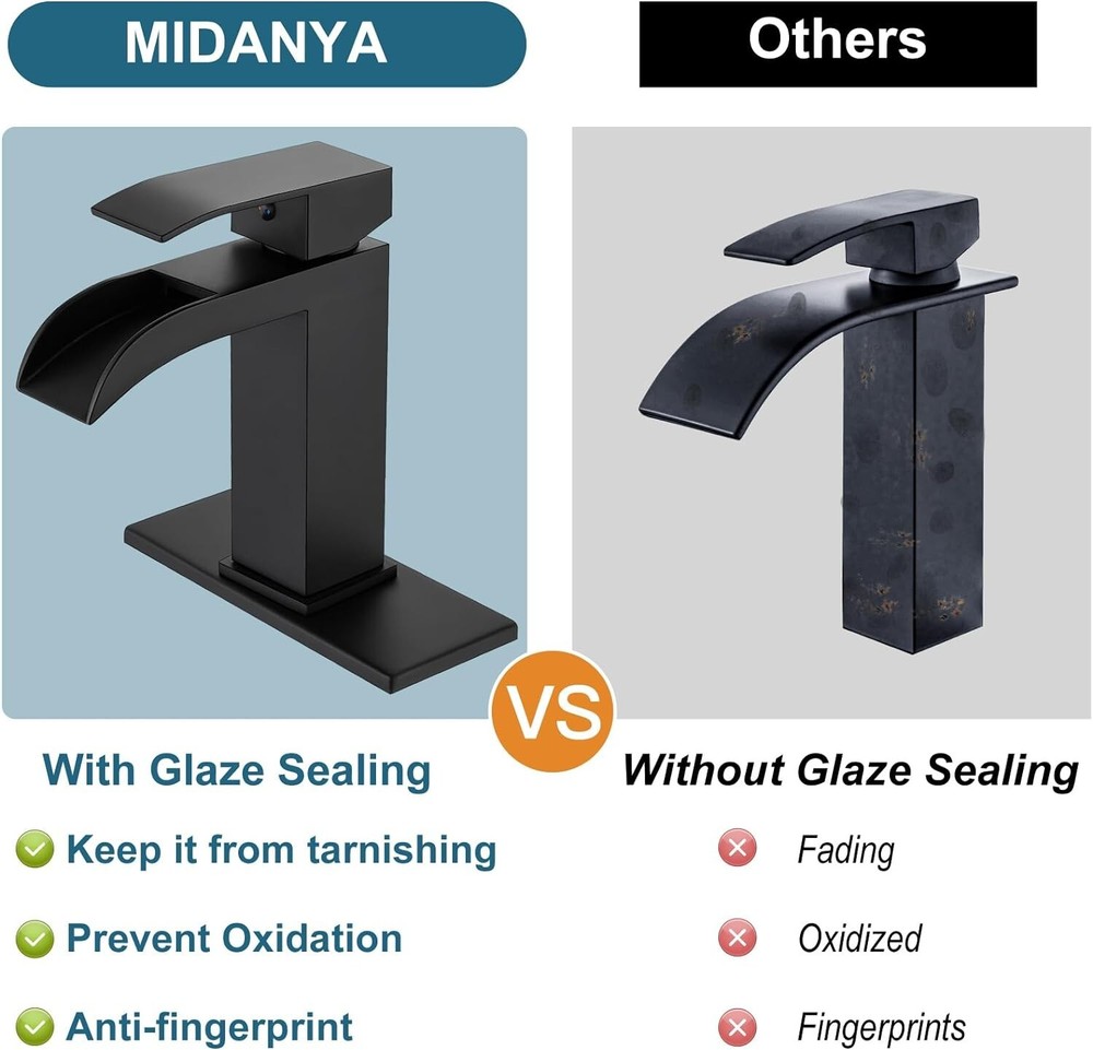Midanya, Single Handle, Matte Black, Slotted Waterfall Faucet, Pop-up Drain