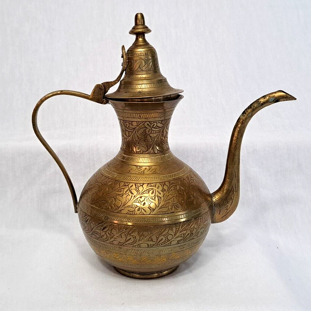 Vintage Solid Brass Teapot Made In India Hand Etched Red Yellow Signed