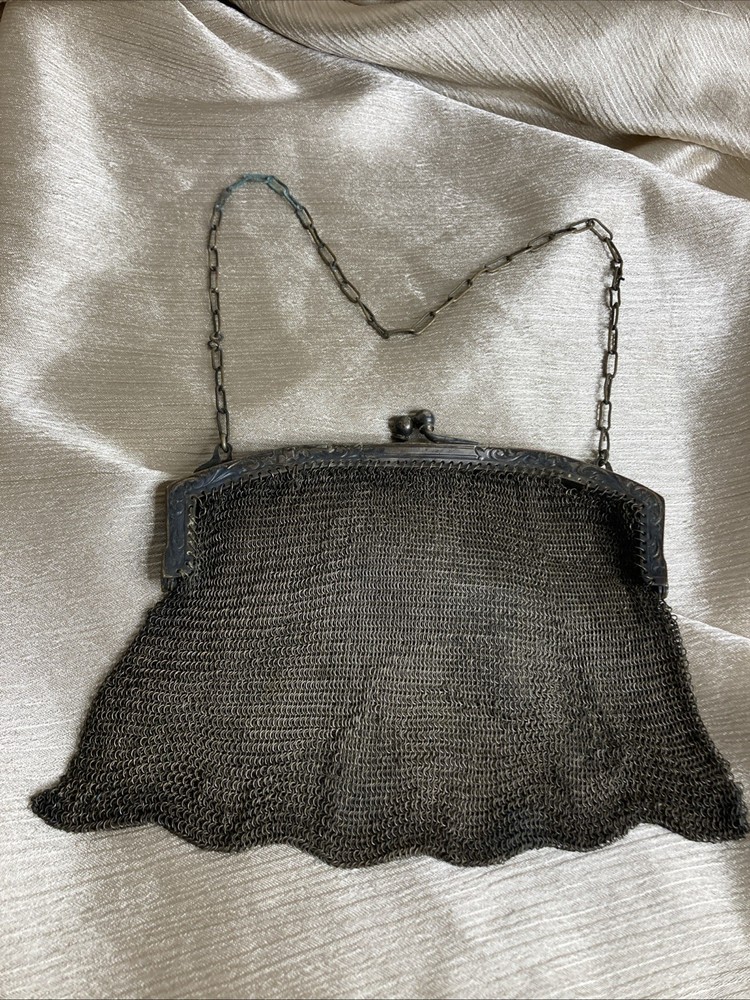 Antique German Silver Mesh Evening Bag W Intricate Scrollwork