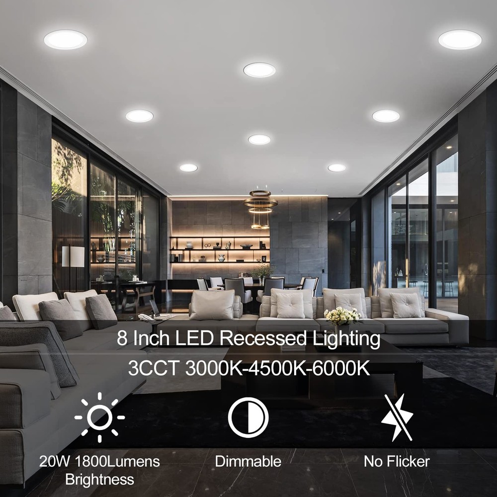 8" LED Recessed Light, Ultra-Thin Dimmable 3CCT, Canless Downlight w/Junction Bo