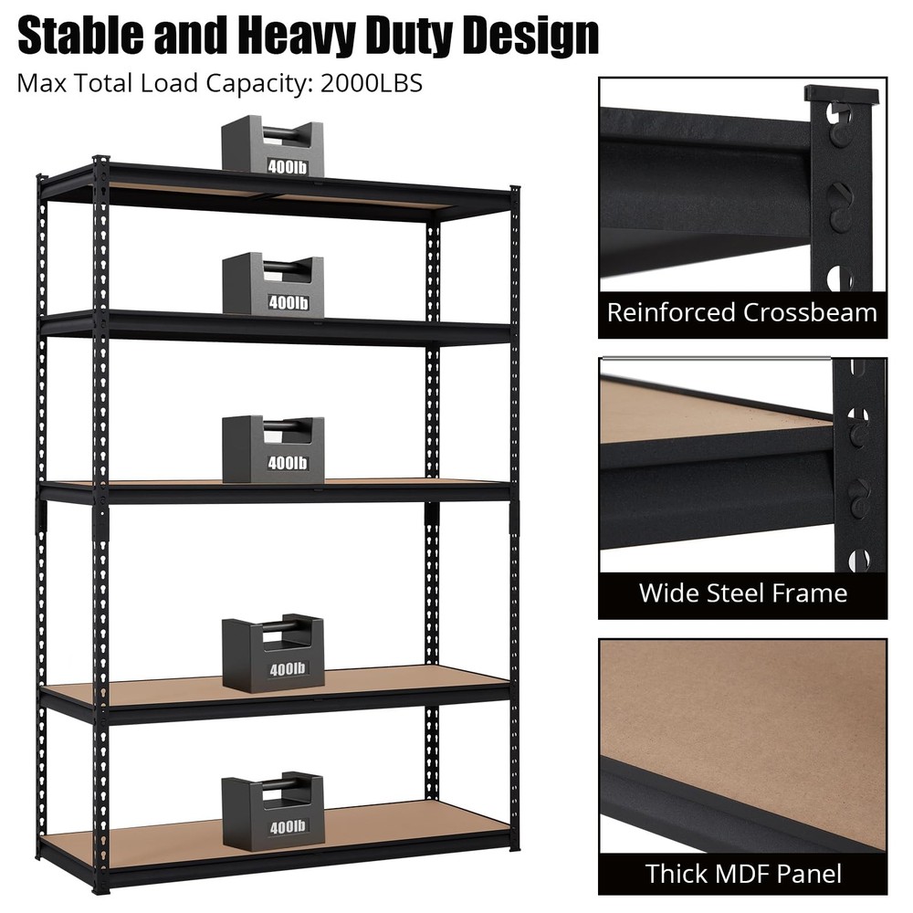 Storage Shelving Unit ,5-Tier Metal Adjustable Garage Storage Rack 2000 lbs Load