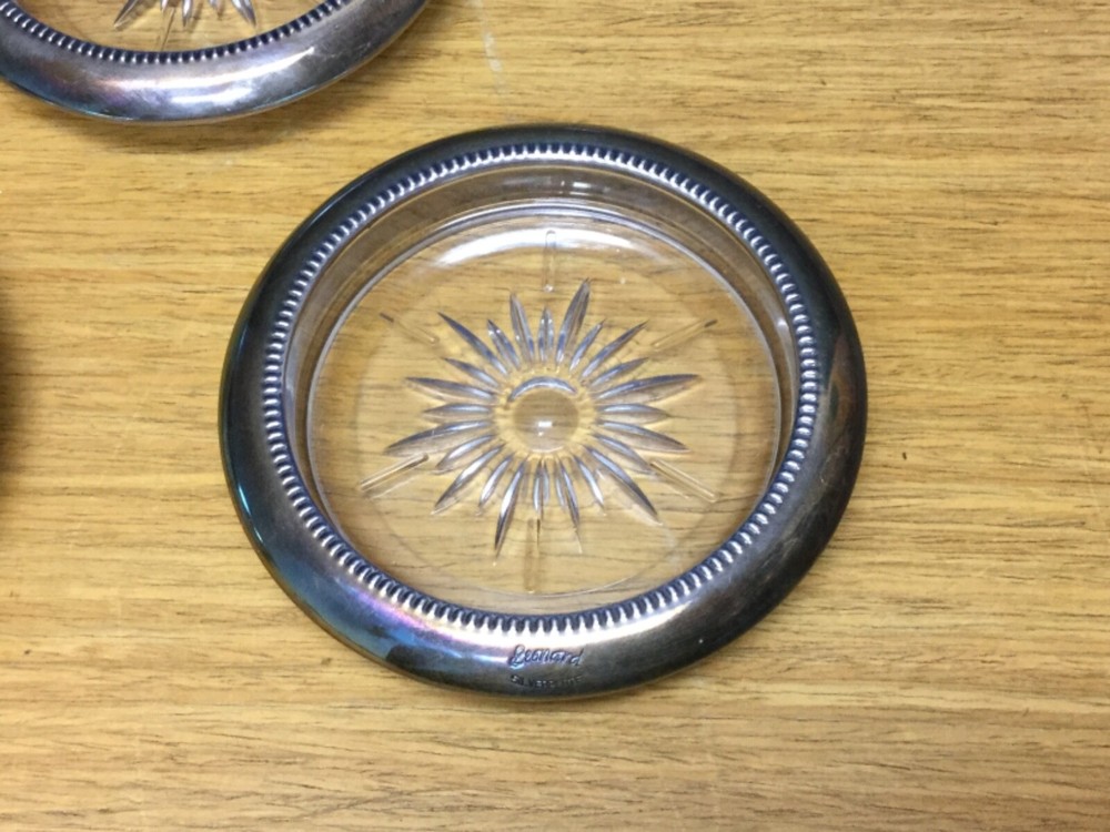 8 Vintage Leonard Silver Plate Crystal Starburst 4” Coasters