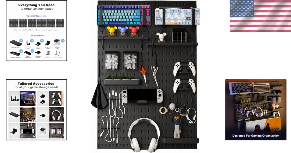 Pegboard Wall Organizer Black 33"x22" for Gaming Accessories