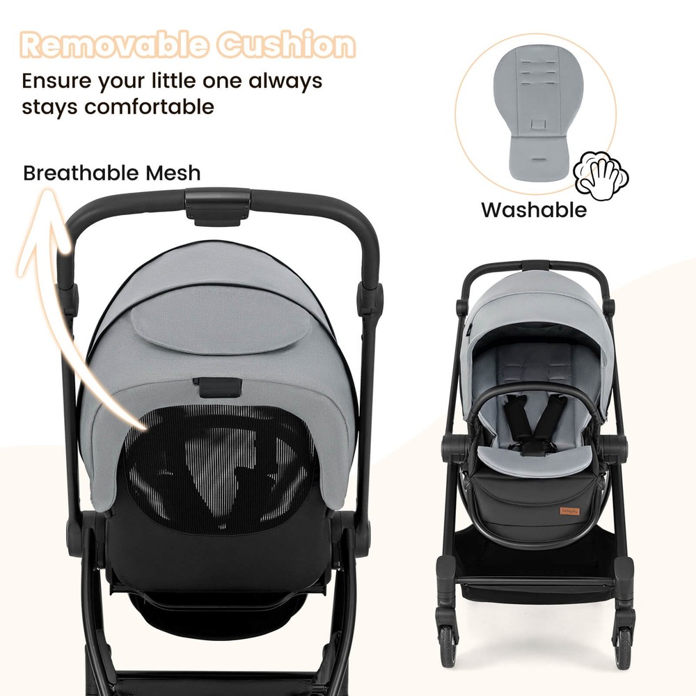 Baby Stroller Foldable Infant Pram Stroller w/ Reclining Backrest Handle